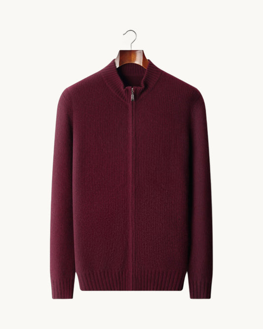 Belluno Cashmere Ribbed Zip Cardigan in Burgundy