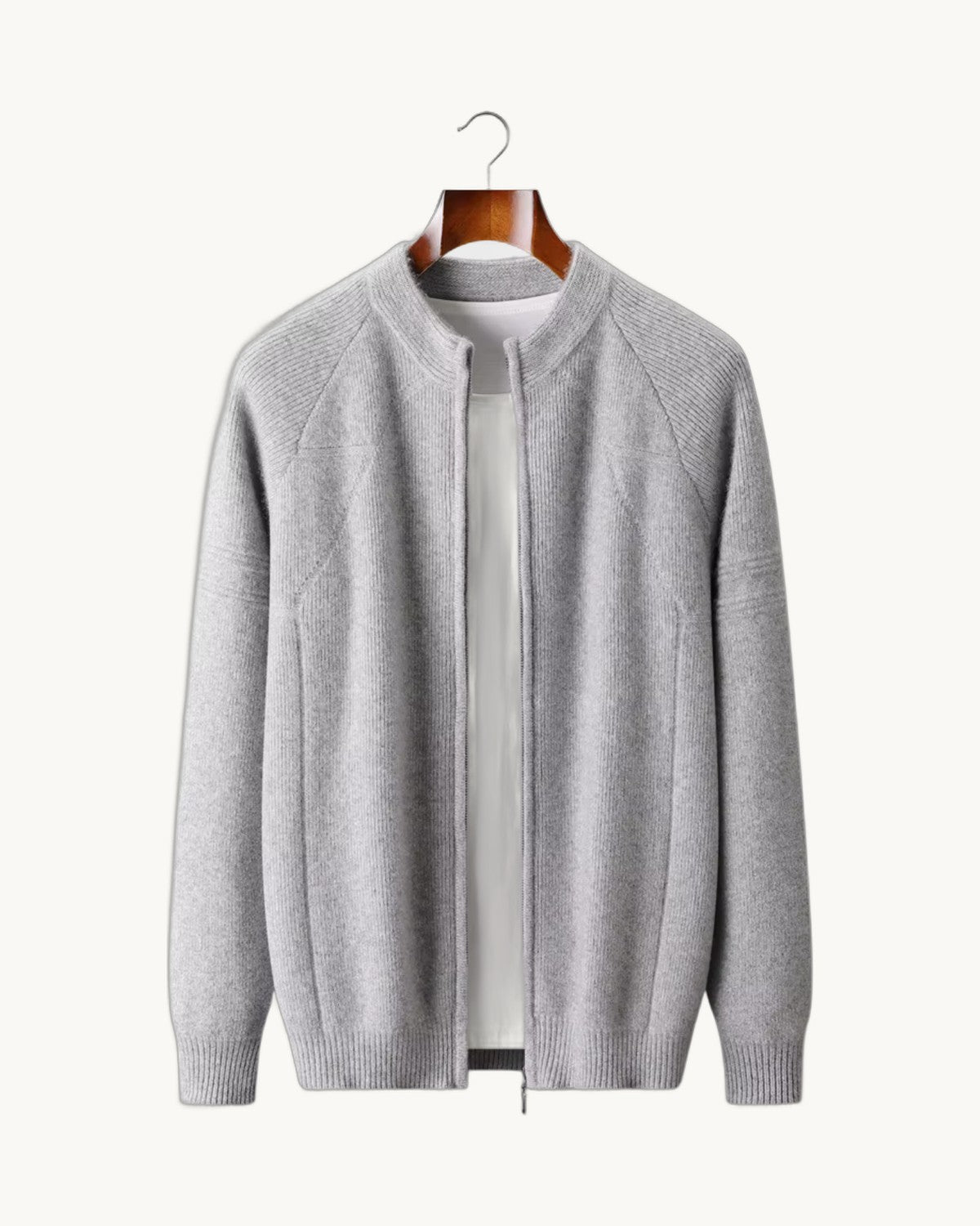 Udine Merino Ribbed Zip Cardigan in Light Gray